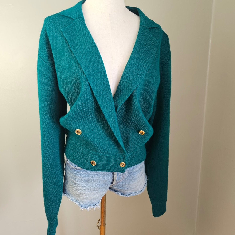Vintage 80s Jos. A. Bank Wool Double Breasted Cardigan Sweater Sz L Teal Green